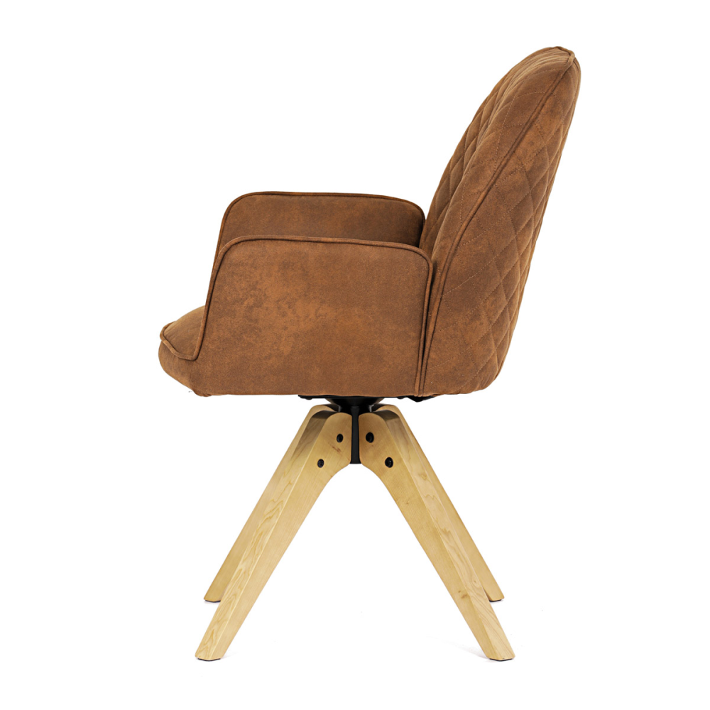 HC-539 BR3 - Židle jídelní s područkami, hnědá látka, dubové nohy, otočná P90°+ L 90° s vratným mechanismem - funkce reset