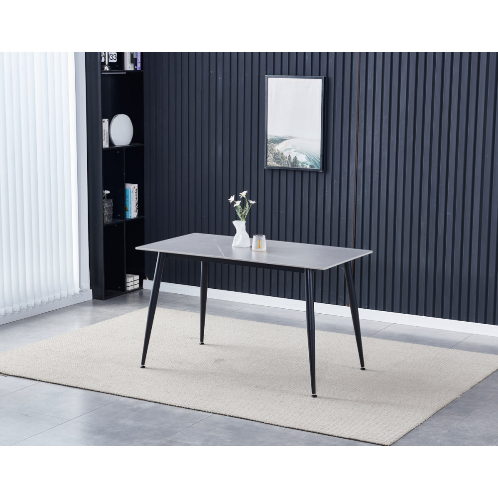 HT-403M GREY - Stůl jídelní 130x70x76 cm, deska slinutý kámen v imitaci matného mramoru, černé kovové nohy