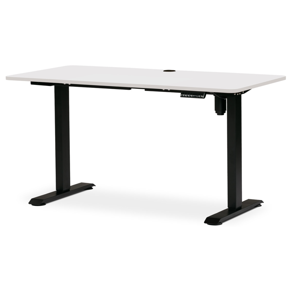 LT-W140 WT - Kancelářský polohovací stůl s elektricky nastavitelnou výší pracovní desky. Bílá deska. Kovové podnoží v černé barv