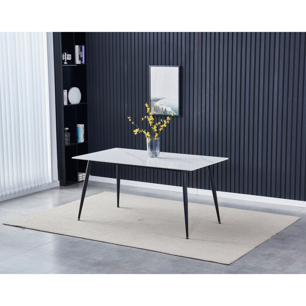 HT-406M WT - Stůl jídelní 160x90x76 cm, deska slinutý kámen v imitaci matného mramoru, černé kovové nohy