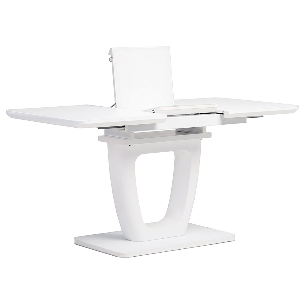 HT-430 WT - Jídelní stůl 110+40x75 cm, bílá 4 mm skleněná deska, MDF, biely matný lak