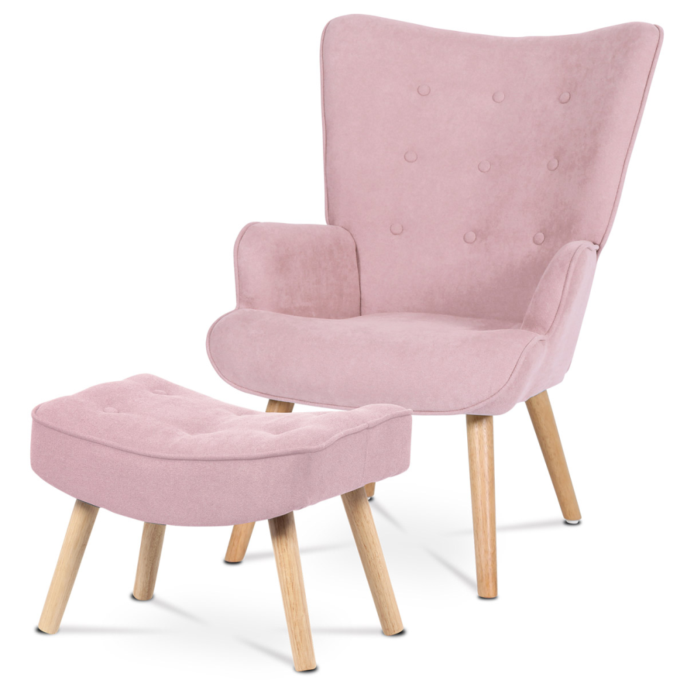 AK-302 PINK2 - Křeslo "ušák" s podnožkou, potah starorůžová látka, nohy masiv kaučukovník