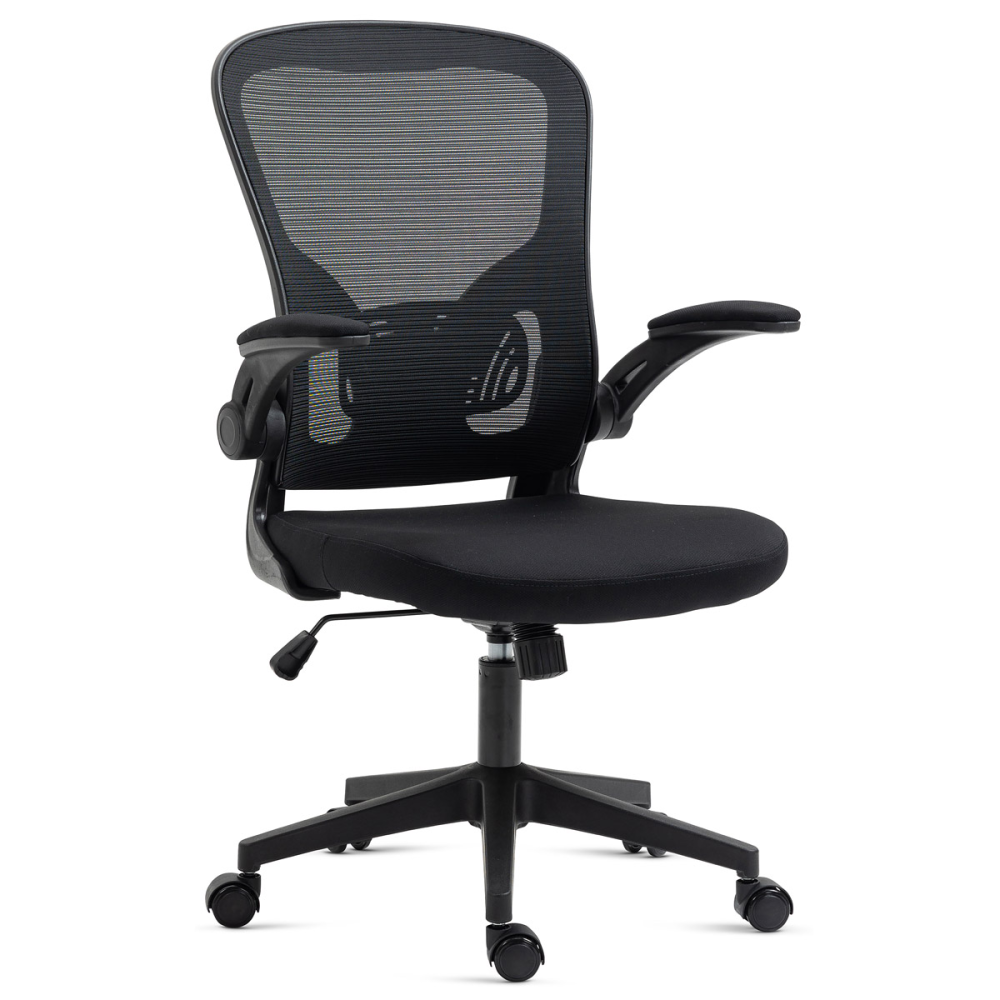 KA-V318 BK - Kancelářská židle, černý plast, černá látka, sklápěcí područky, kolečka pro tvrdé podlahy