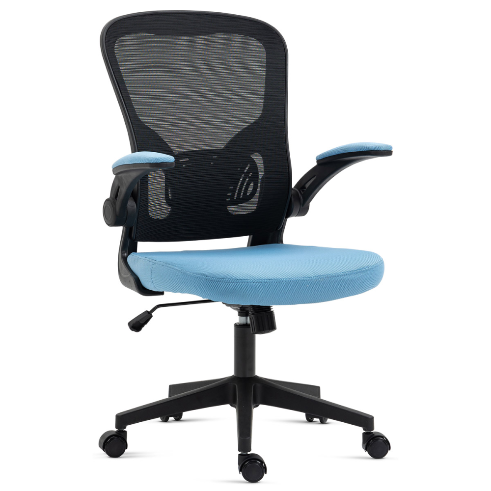 KA-V318 BLUE - Kancelářská židle, černý plast, modrá látka, sklápěcí područky, kolečka pro tvrdé podlahy