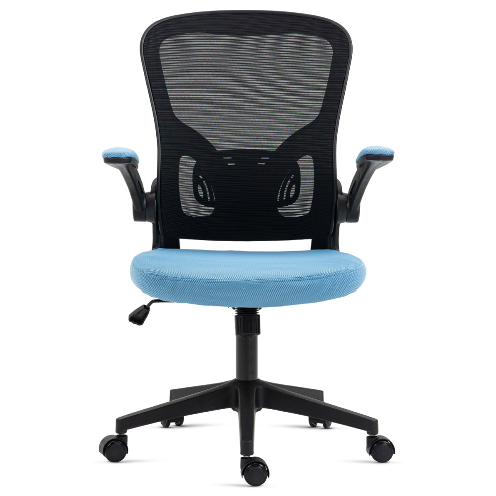 KA-V318 BLUE - Kancelářská židle, černý plast, modrá látka, sklápěcí područky, kolečka pro tvrdé podlahy