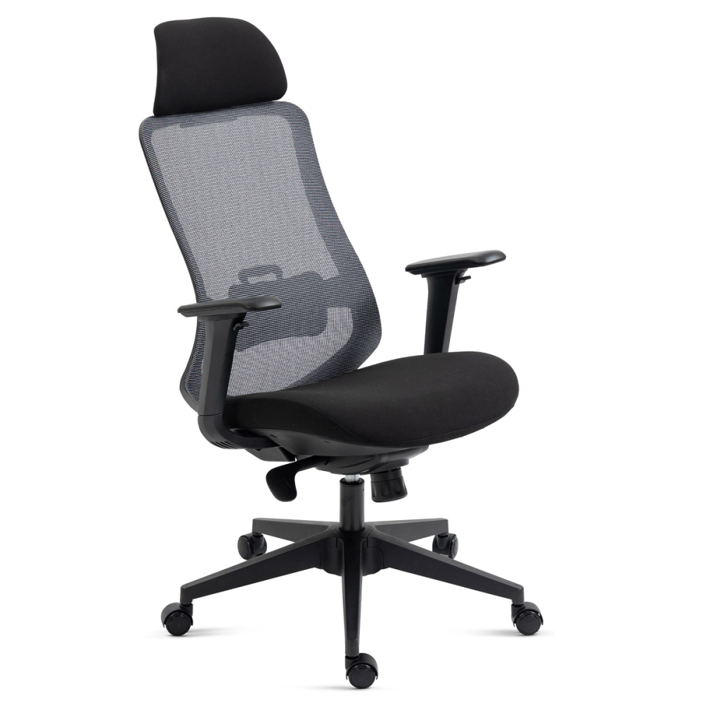 KA-V322 BK - Kancelářská židle, černý plast, černá látka, 4D područky, kolečka pro tvrdé povrchy, houpací mechanika s polohovou 