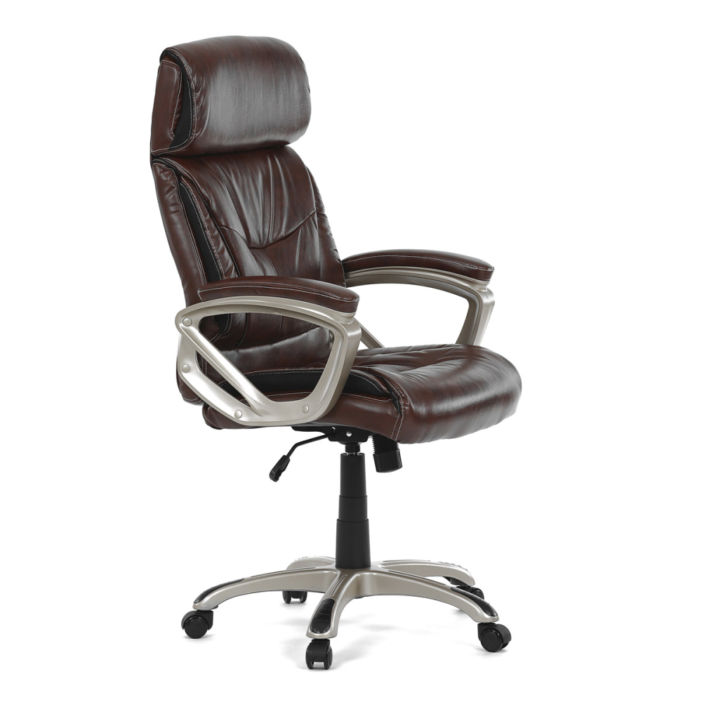 KA-Y284 BR - Kancelářská židle, tmavě hnedá koženka, plast v barvě champagne, kolečka pro tvrdé podlahy