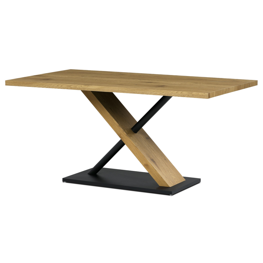 AT-3018 OAK - Jídelní stůl 160x90x76 cm, deska s dekorem dub, černá kovová podstava