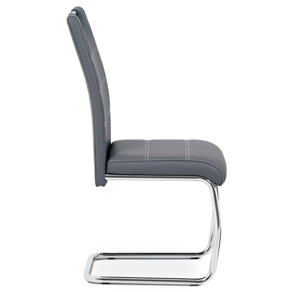 HC-481 GREY - Jídelní židle, potah šedá ekokůže, bílé prošití, kovová pohupová podnož, chrom