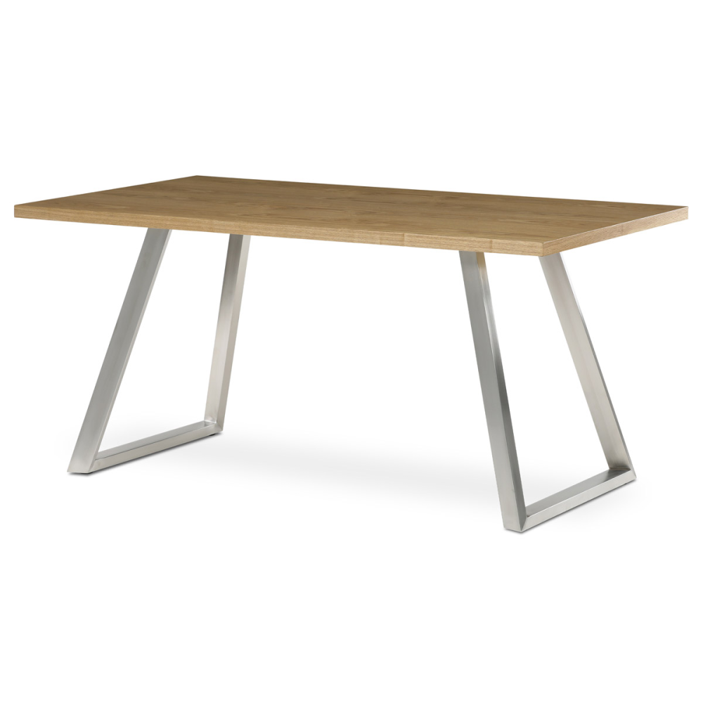 HT-W1515 OAK - Stůl jídelní 160x90cm, MDF+ dýha, odstín dub, kovové nohy, broušený nerez.
