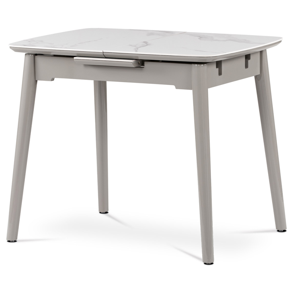 HT-400M WT - Jídelní stůl 90+25x70 cm, keramická deska bílý mramor, masiv, šedý vysoký lesk