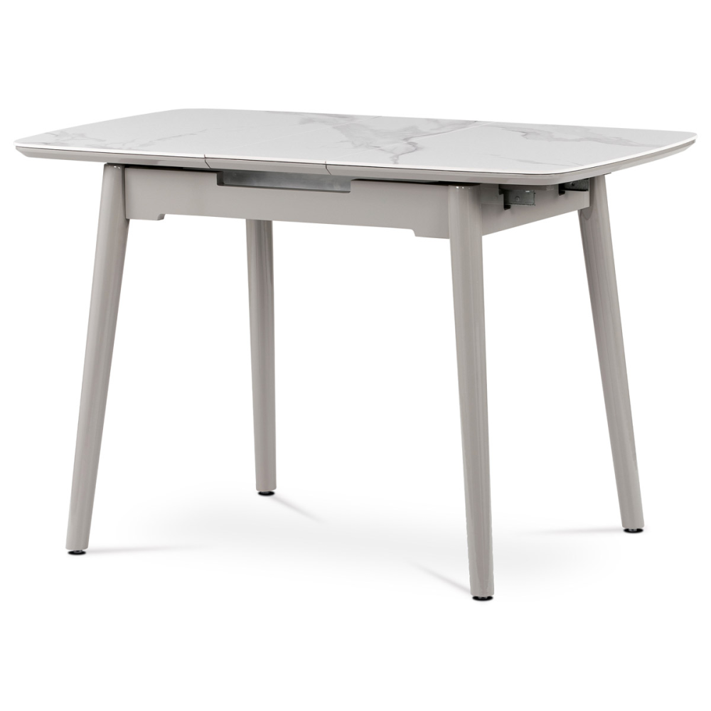 HT-401M WT - Jídelní stůl 110+30x75 cm, keramická deska bílý mramo, šedý vysoký lesk