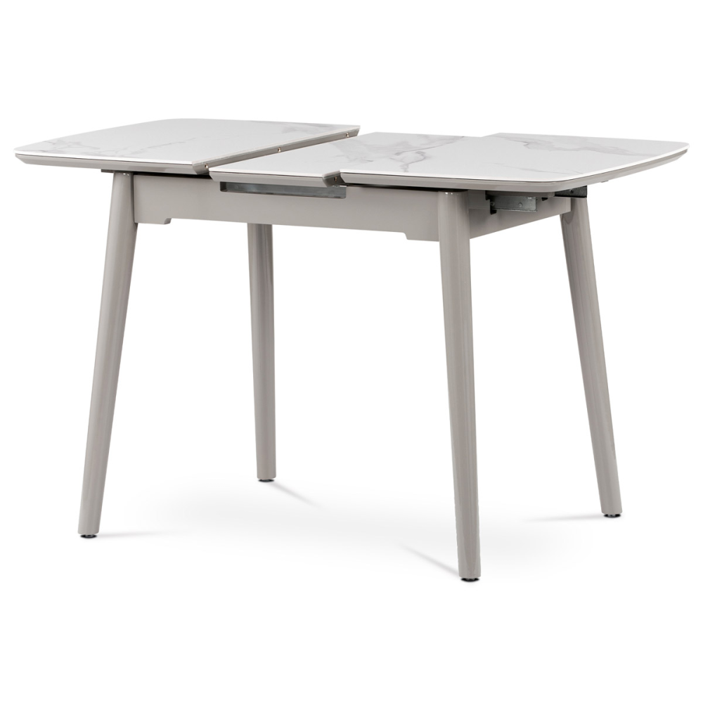 HT-401M WT - Jídelní stůl 110+30x75 cm, keramická deska bílý mramor, masiv, šedý vysoký lesk
