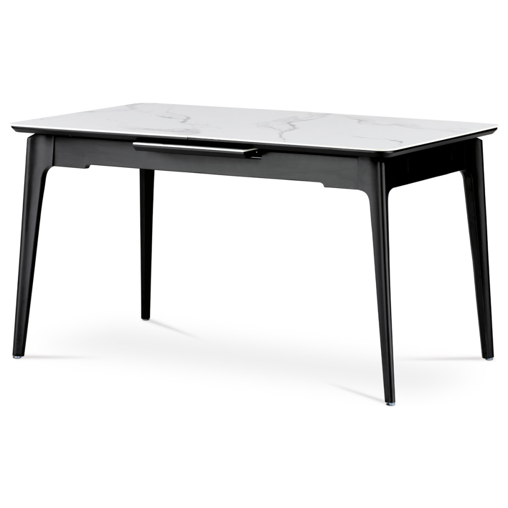 HT-402M WT - Jídelní stůl 140+40x80 cm, keramická deska bílý mramor, masiv, černý matný lak