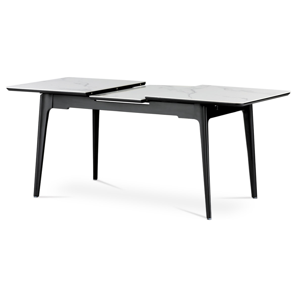 HT-402M WT - Jídelní stůl 140+40x80 cm, keramická deska bílý mramor, masiv, černý matný lak