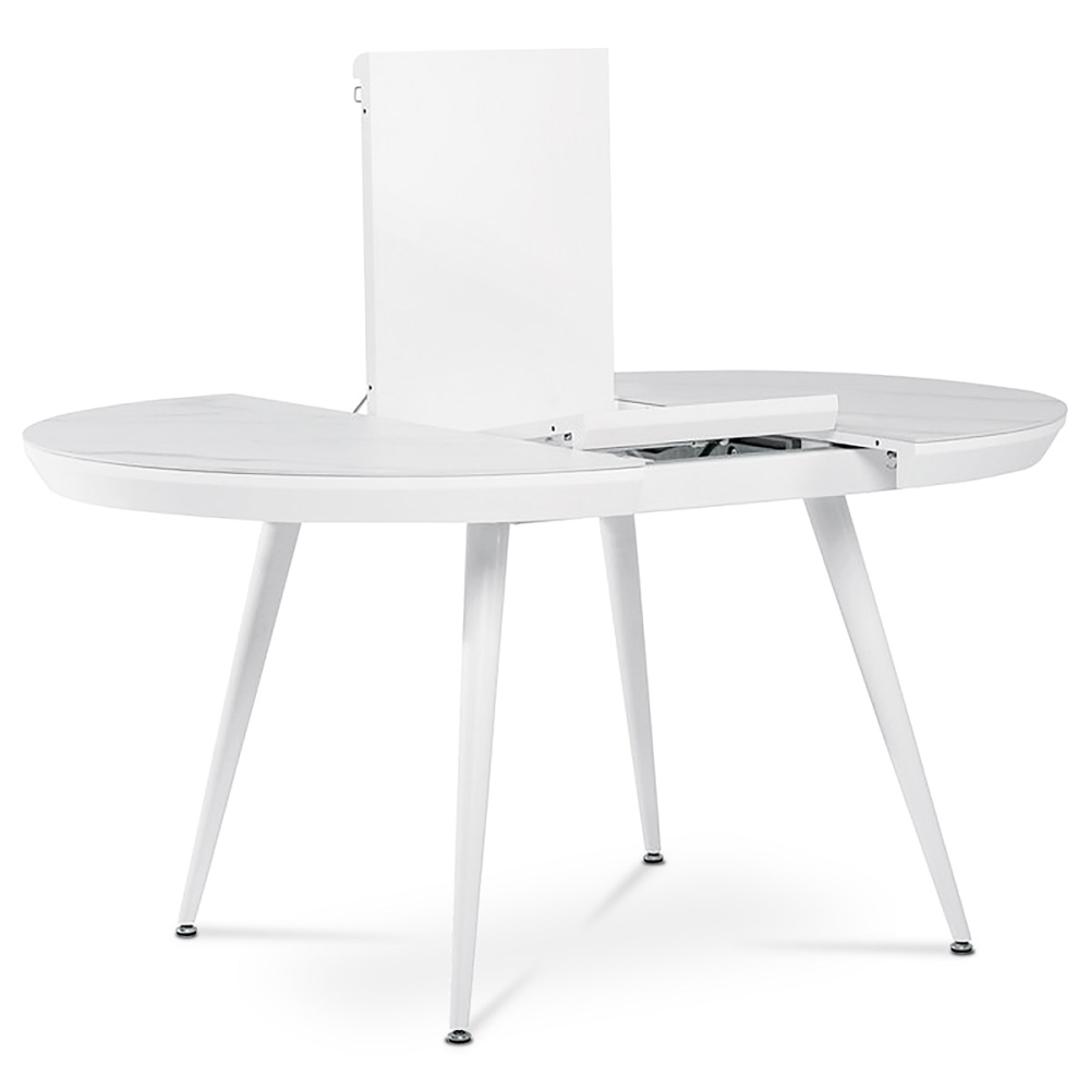 HT-409M WT - Jídelní stůl 110+40x110 cm, keramická deska bílý mramor, MDF. kov.nohy, bílý mat