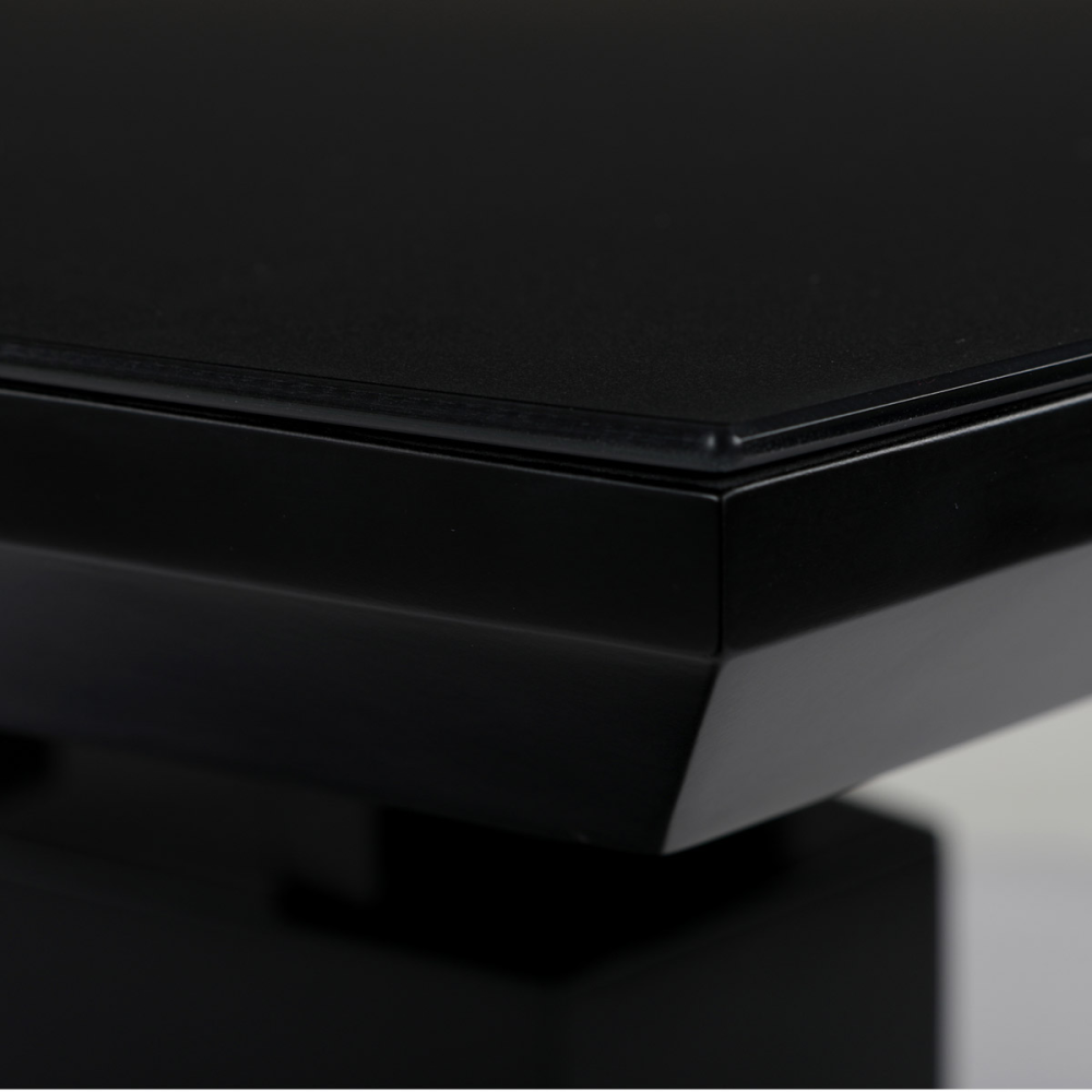 HT-420 BK - Jídelní stůl 110+40x70 cm, černá 4 mm skleněná deska, MDF, černý matný lak