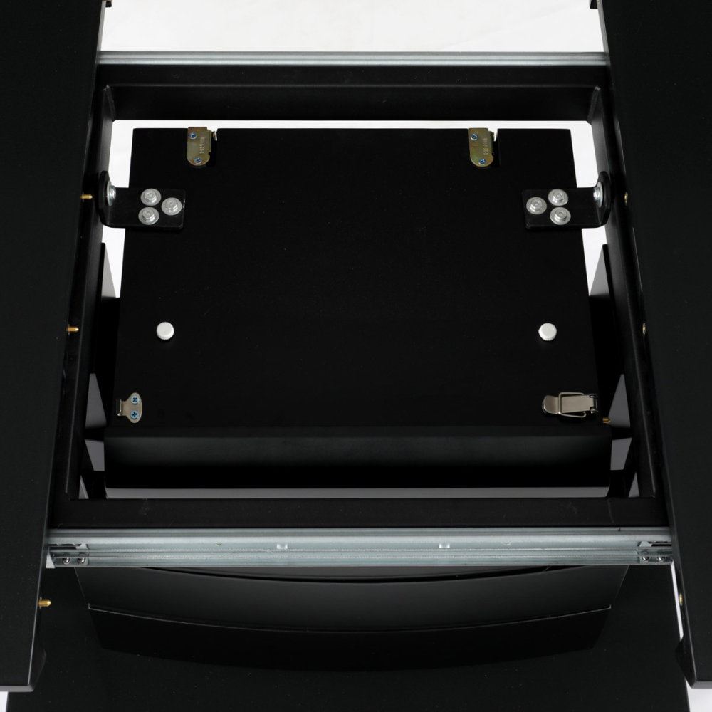 HT-420 BK - Jídelní stůl 110+40x70 cm, černá 4 mm skleněná deska, MDF, černý matný lak