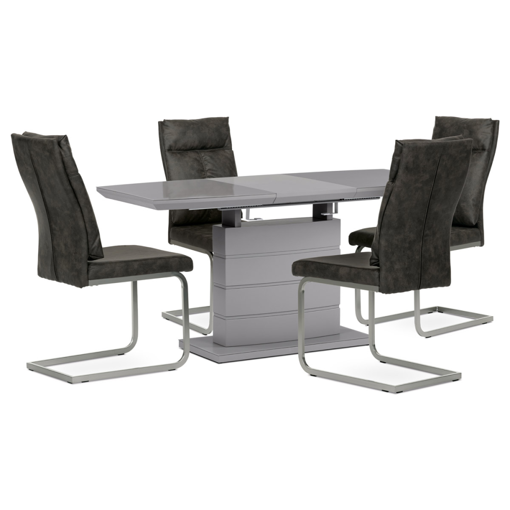 HT-420 GREY - Jídelní stůl 110+40x70 cm, šedá 4 mm skleněná deska, MDF, šedý matný lak
