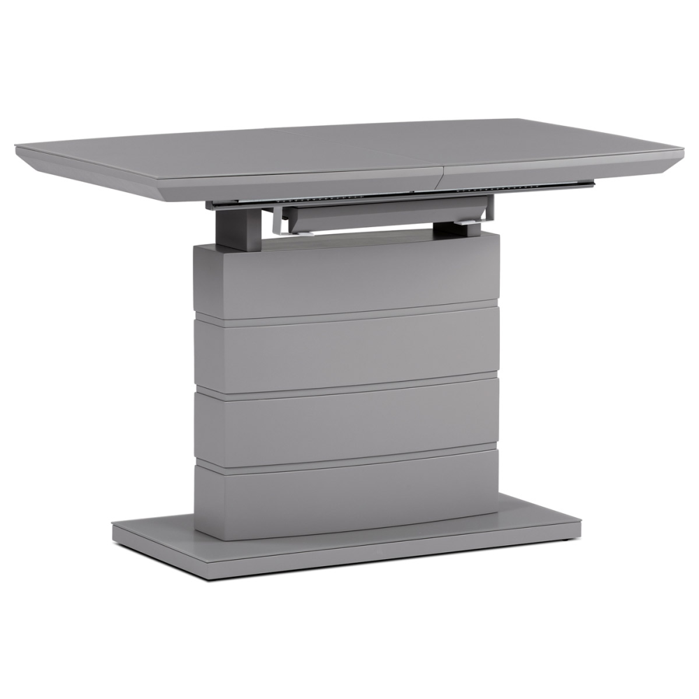 HT-420 GREY - Jídelní stůl 110+40x70 cm, šedá 4 mm skleněná deska, MDF, šedý matný lak