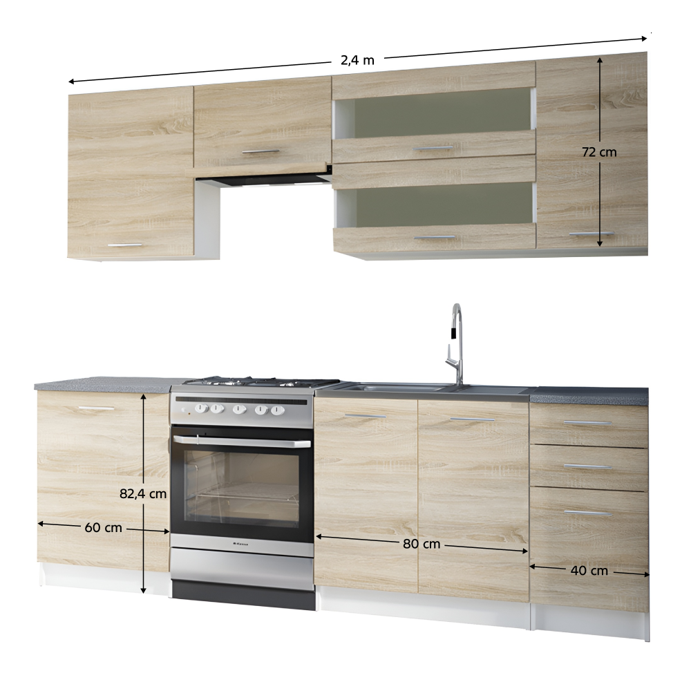 Kuchyňská linka 2,4m, dub sonoma / bílá, FABIANA