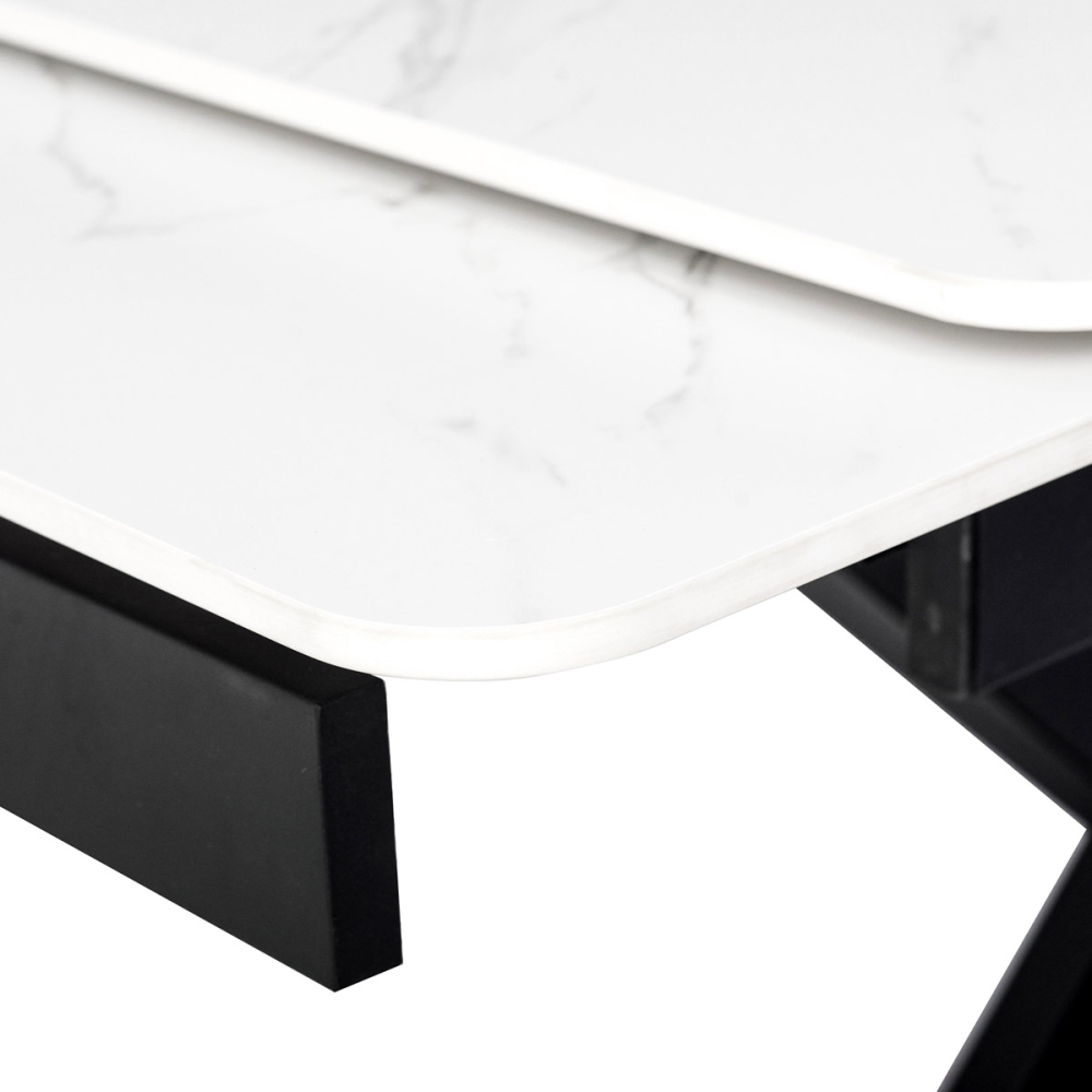 HT-450M BK - Jídelní stůl 120+30+30x80 cm, keramická deska bílý mramor, kov, černý matný lak
