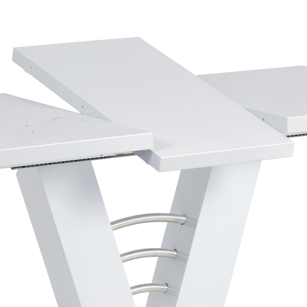 HT-510 WT - Rozkládací jídelní stůl 120+40x80 cm, bílý lesk / broušený nerez