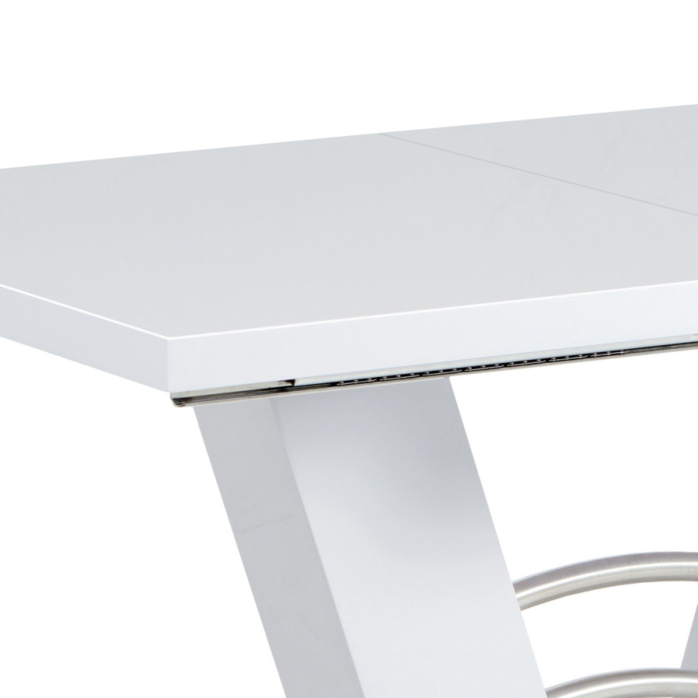 HT-510 WT - Rozkládací jídelní stůl 120+40x80 cm, bílý lesk / broušený nerez