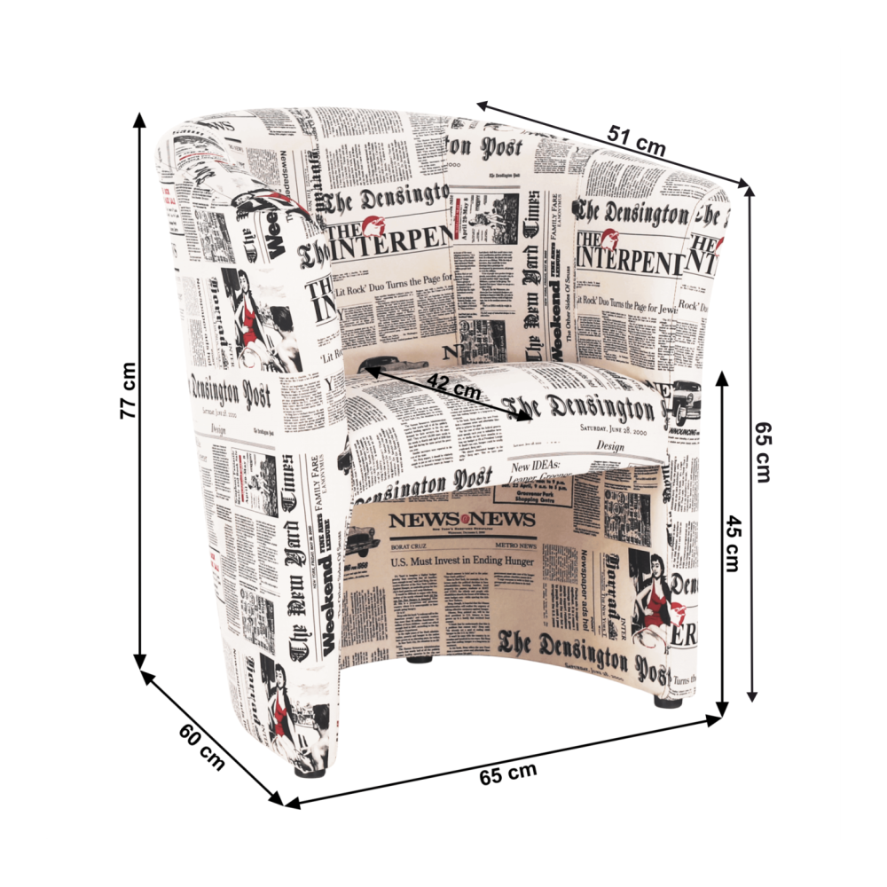 Klubové křeslo, látka vzor noviny, CUBA