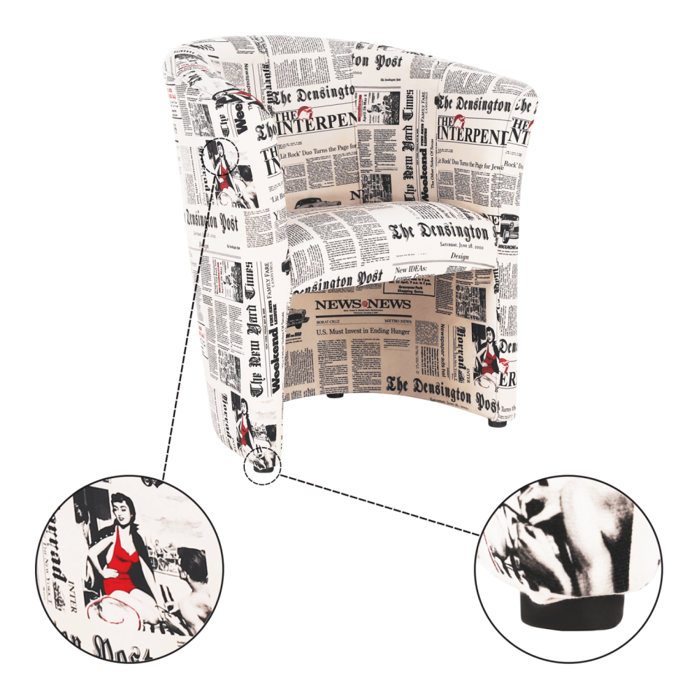 Klubové křeslo, látka vzor noviny, CUBA