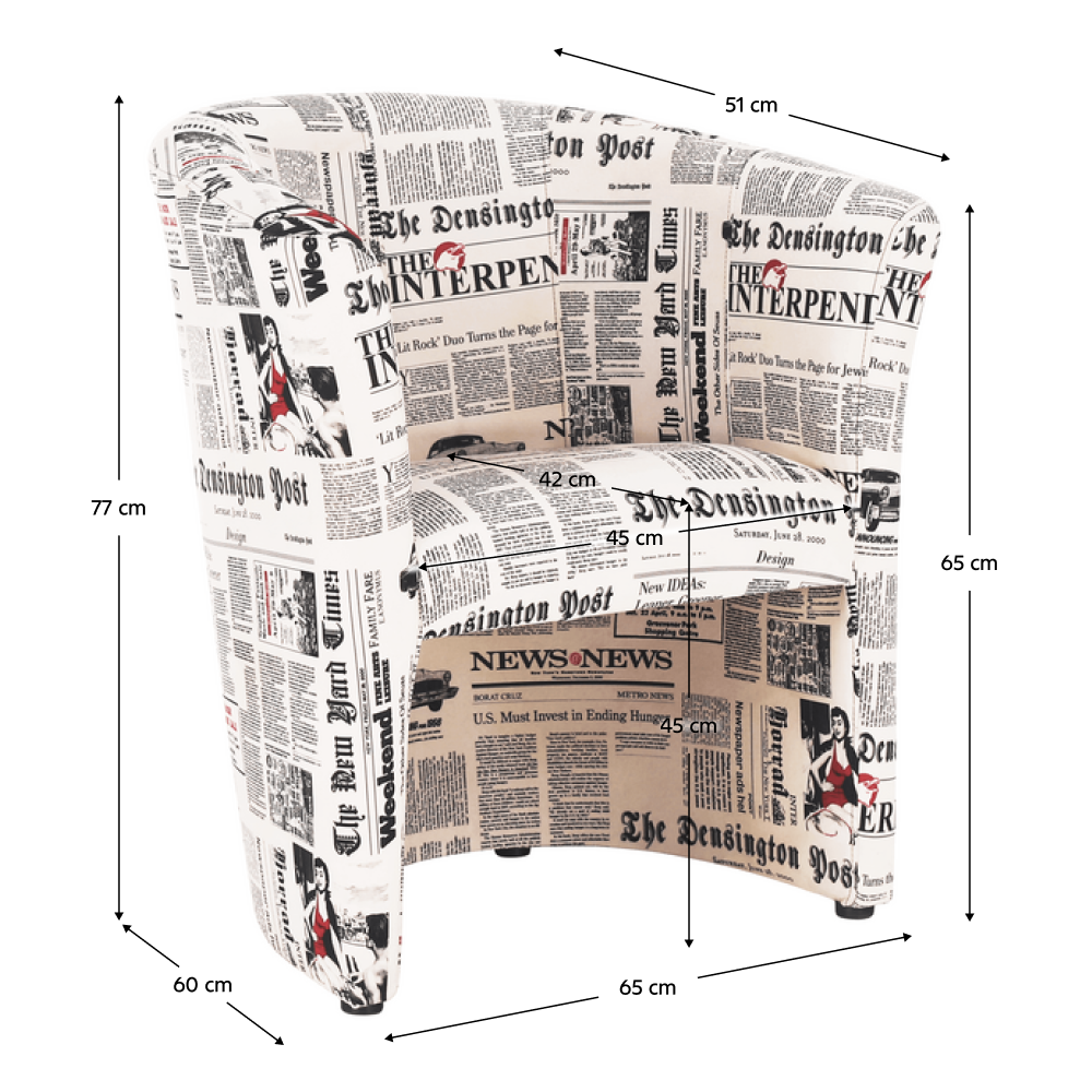 Klubové křeslo, látka vzor noviny, CUBA