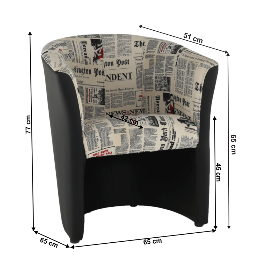 Klubové křeslo, ekokůže černá / látka vzor novin, CUBA