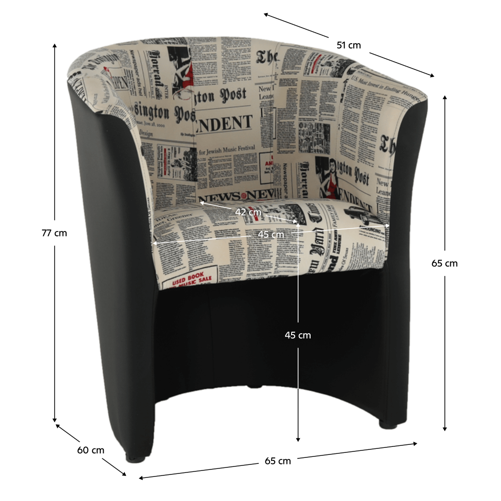 Klubové křeslo, ekokůže černá / látka vzor novin, CUBA