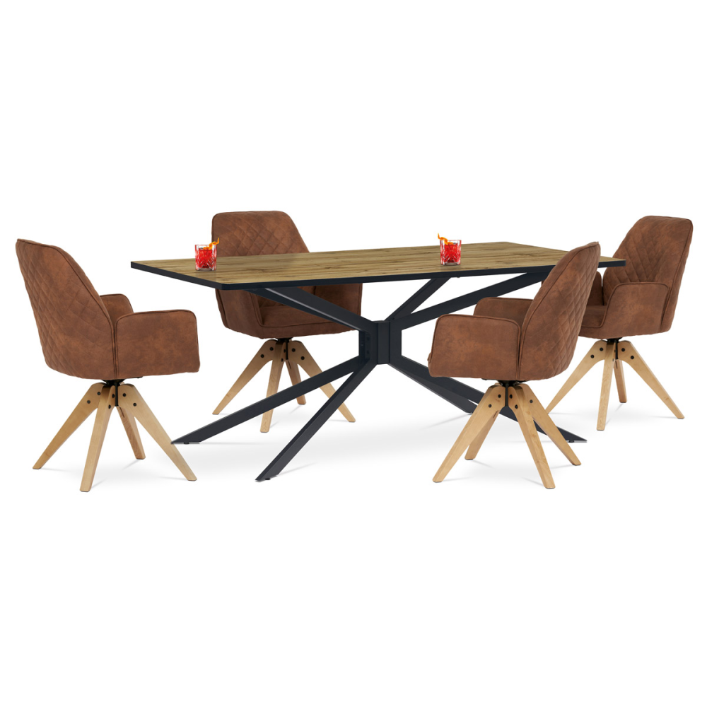 HT-885 OAK - Jídelní stůl, 180x90x75 cm, MDF deska, 3D dekor divoký dub,  kovovová hvězdicová podnož, černý mat