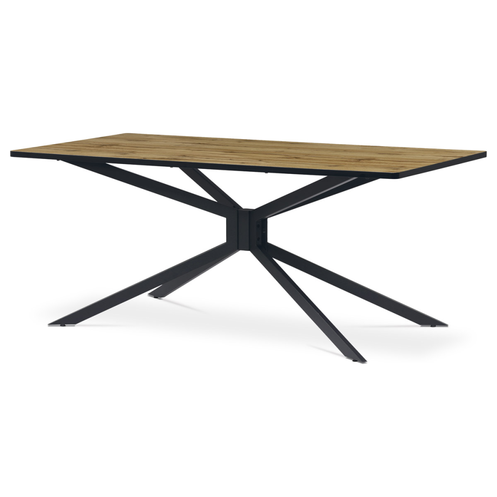 HT-885 OAK - Jídelní stůl, 180x90x75 cm, MDF deska, 3D dekor divoký dub,  kovovová hvězdicová podnož, černý mat
