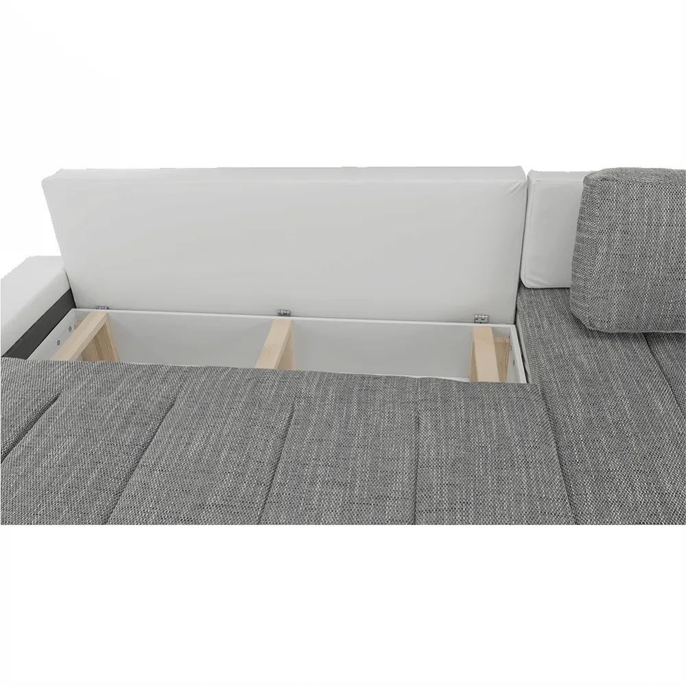 Sedací souprava s úložným prostorem, univerzální, ekokůže bílá / látka Berlin 01 šedý melír, TONIKS