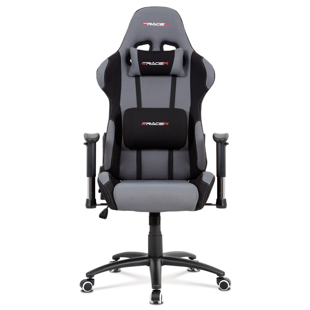 KA-F01 GREY - Herní křeslo E-racer, potah šedá-černá látka, houpací mechanismus, opěrák 90°-180