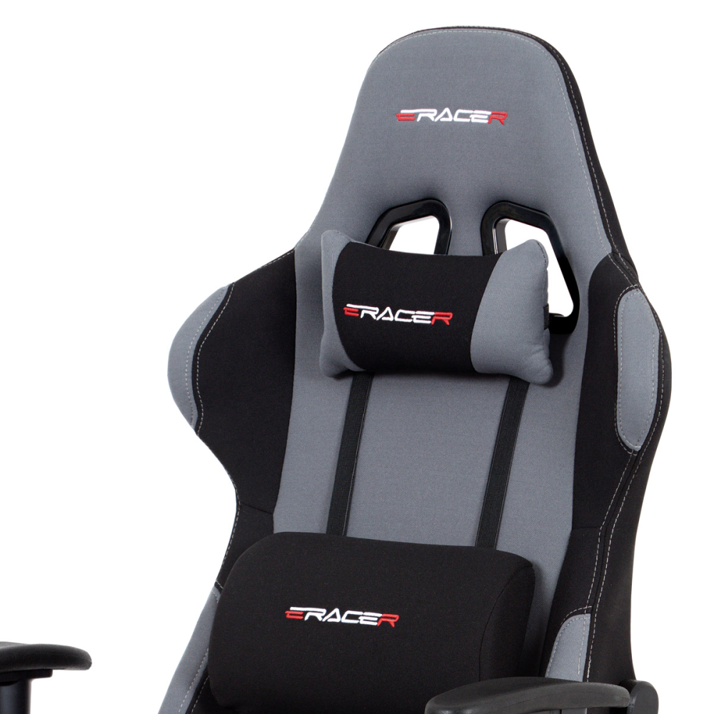KA-F01 GREY - Herní křeslo E-racer, potah šedá-černá látka, houpací mechanismus, opěrák 90°-180