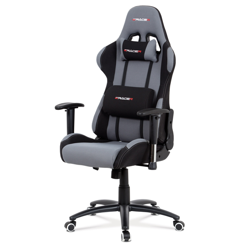 KA-F01 GREY - Herní křeslo E-racer, potah šedá-černá látka, houpací mechanismus, opěrák 90°-180