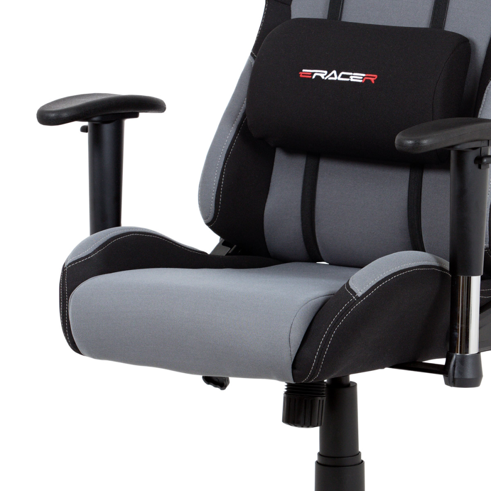 KA-F01 GREY - Herní křeslo E-racer, potah šedá-černá látka, houpací mechanismus, opěrák 90°-180