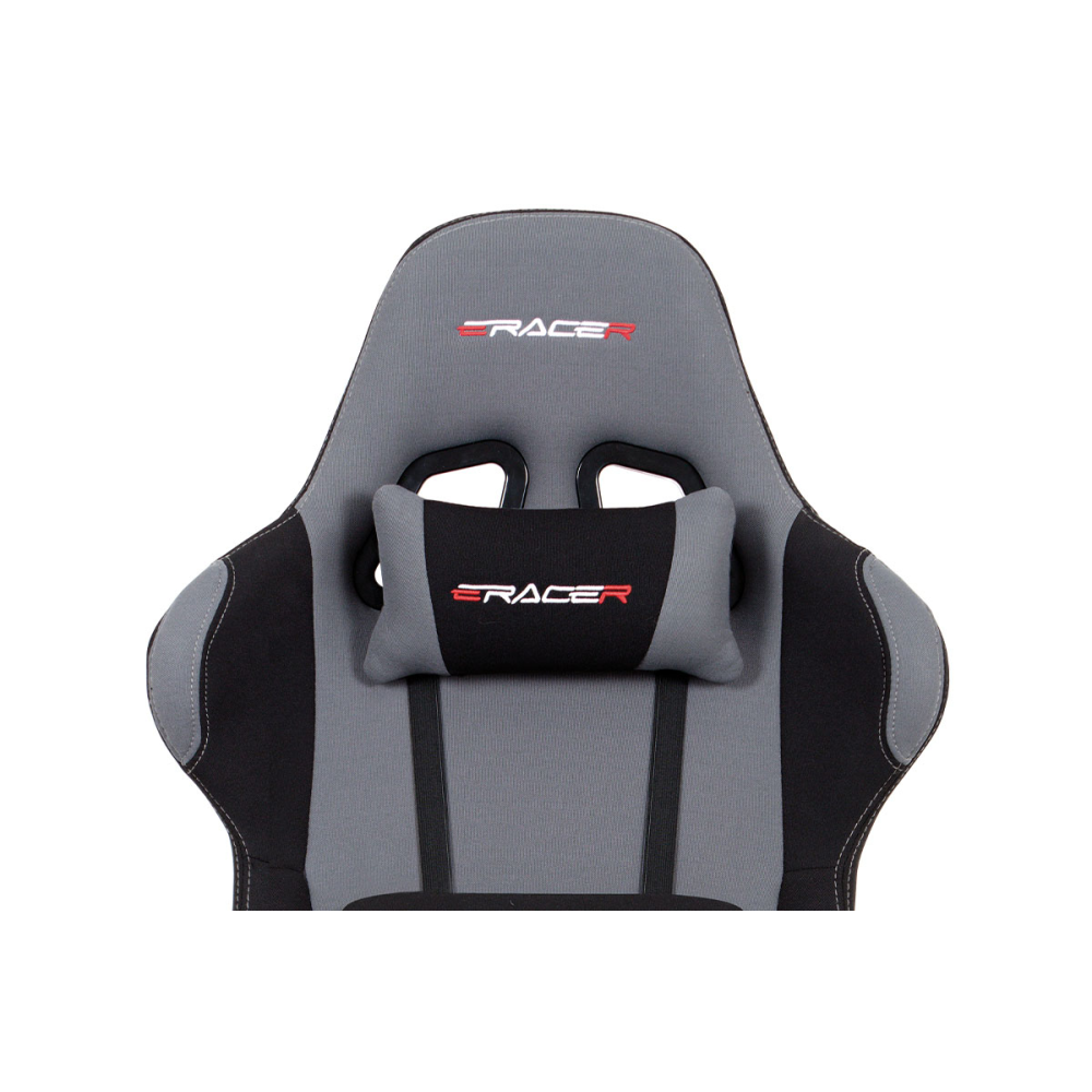 KA-F01 GREY - Herní křeslo E-racer, potah šedá-černá látka, houpací mechanismus, opěrák 90°-180