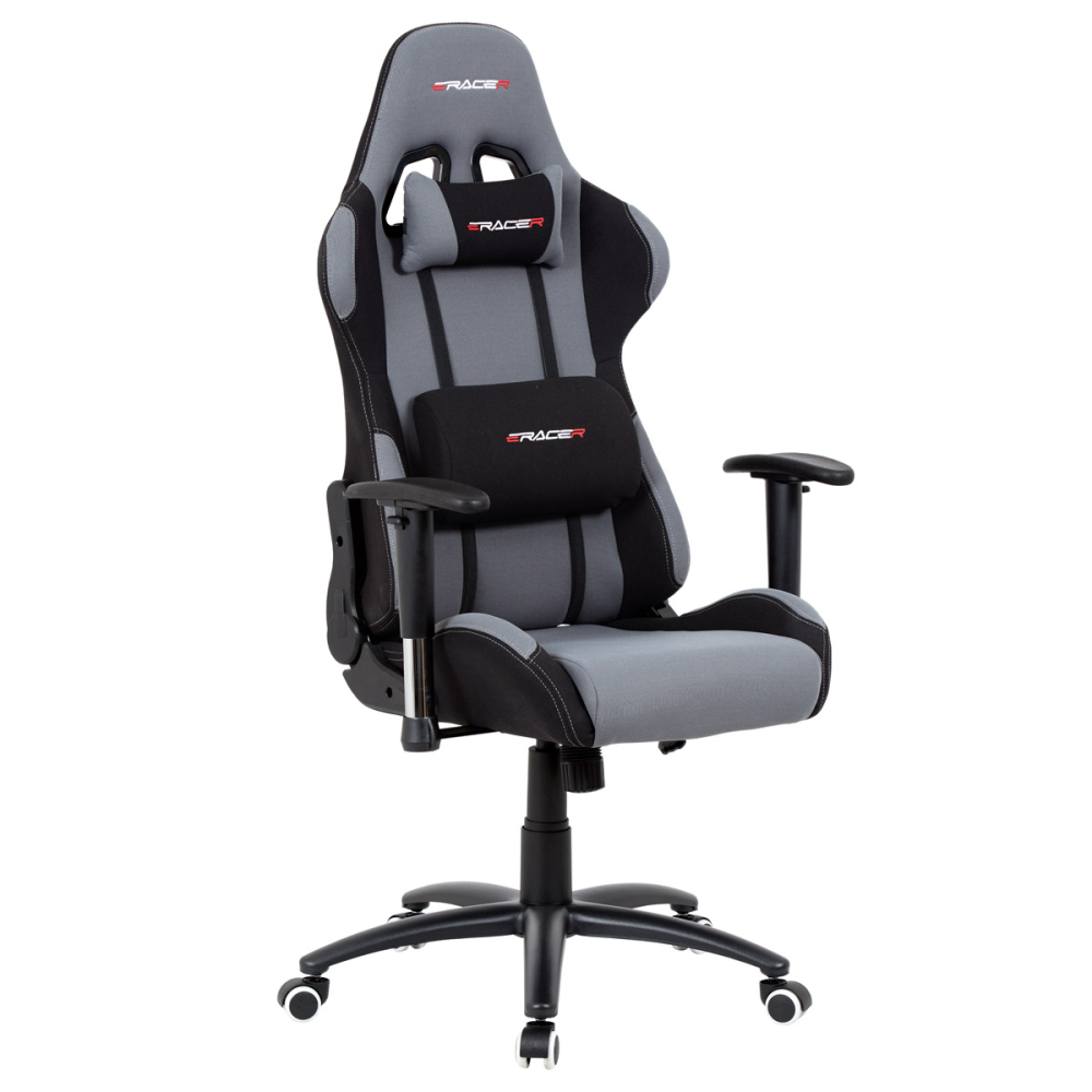 KA-F01 GREY - Herní křeslo E-racer, potah šedá-černá látka, houpací mechanismus, opěrák 90°-180
