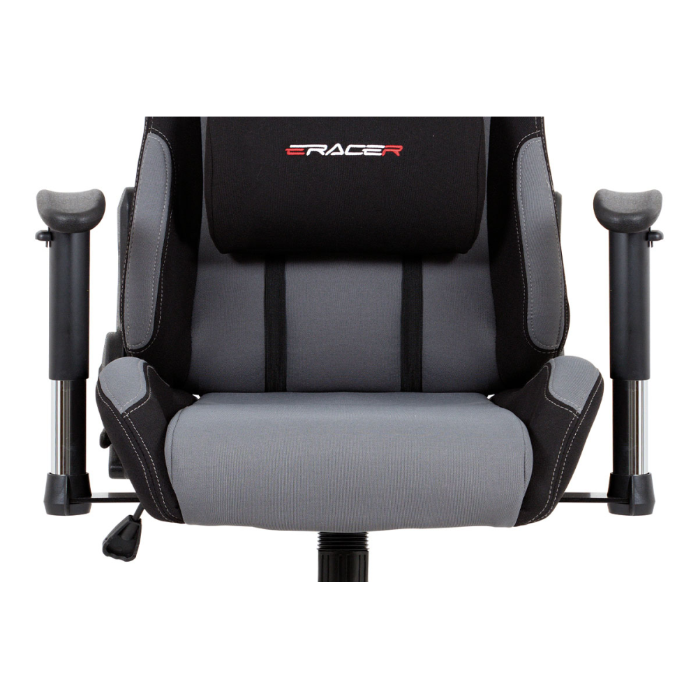 KA-F01 GREY - Herní křeslo E-racer, potah šedá-černá látka, houpací mechanismus, opěrák 90°-180
