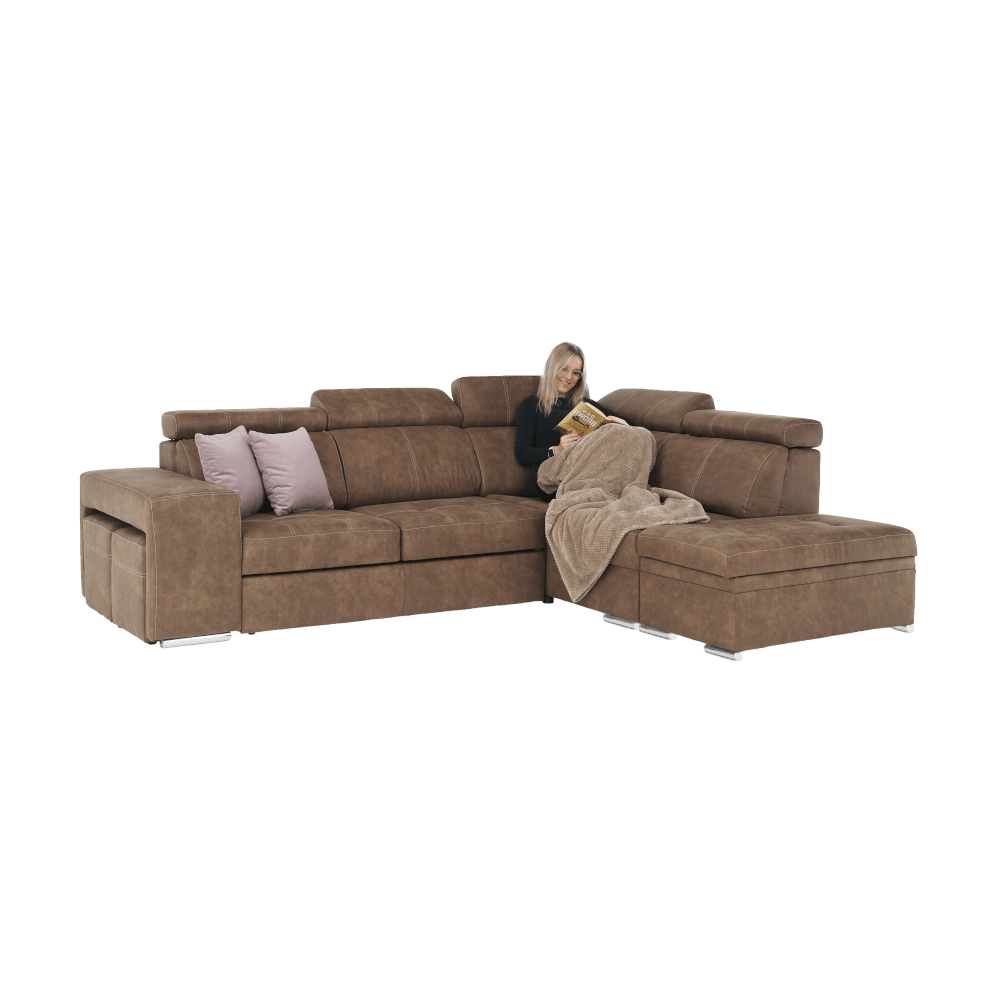 Sedací souprava, látka hnědá / světle fialová, pravá, LANZA