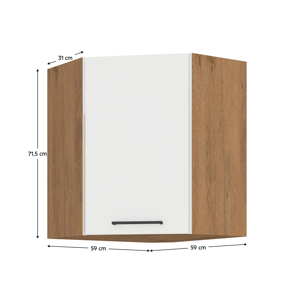 Horní rohová skříňka, dub lancelot / bílá extra vysoký lesk HG, VEGA 58x58 GN-72 1F