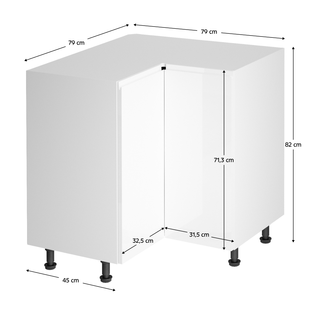 Spodní rohová skříňka, bílá / bílá extra vysoký lesk, AURORA D90N