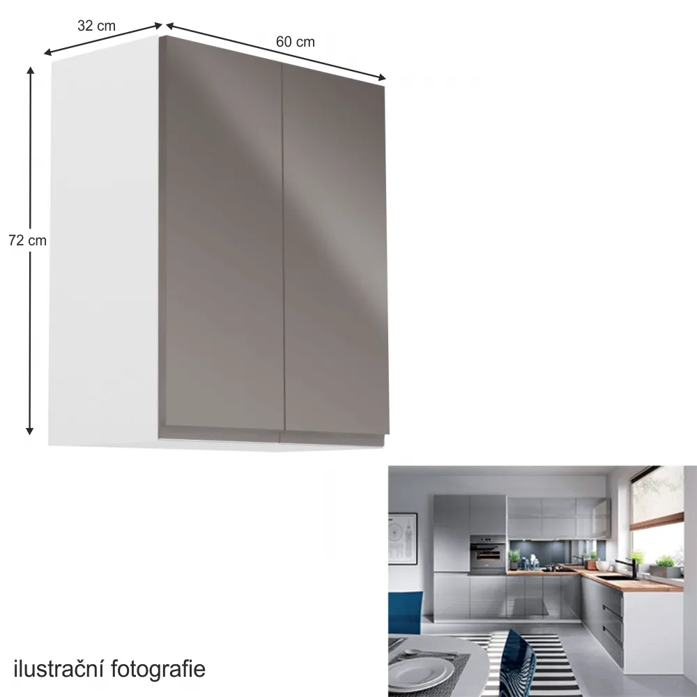 Horní skříňka, bílá / šedý extra vysoký lesk, AURORA G602F