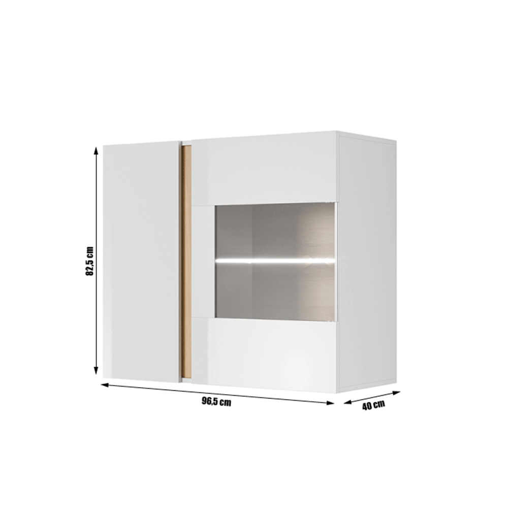 Závěsná vitrína 96, bílá / dub grandson / bílý lesk, CITY