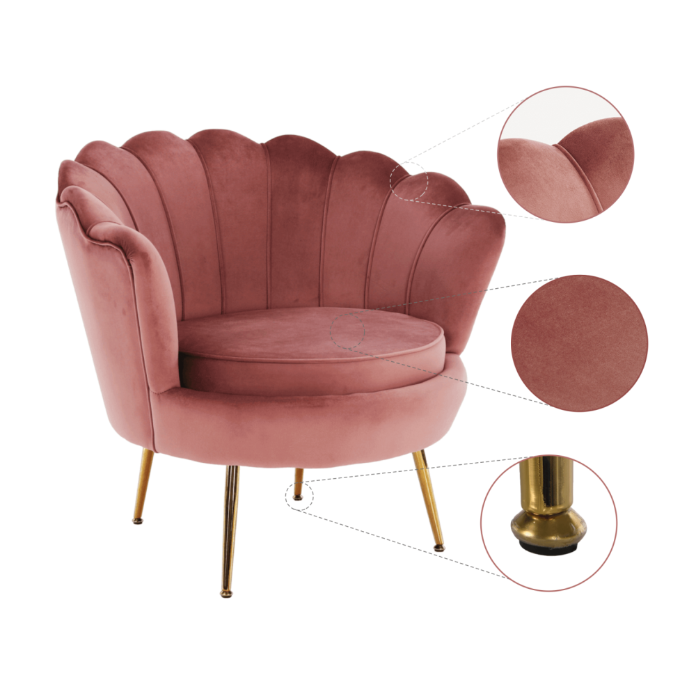 Křeslo ve stylu Art-deco, růžová Velvet látka / gold chrom-zlatý, NOBLIN
