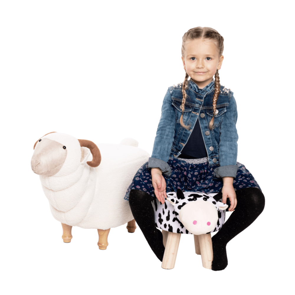 Taburet ve tvaru kravičky, látka Velvet bílá / černá / přírodní, MOLLY
